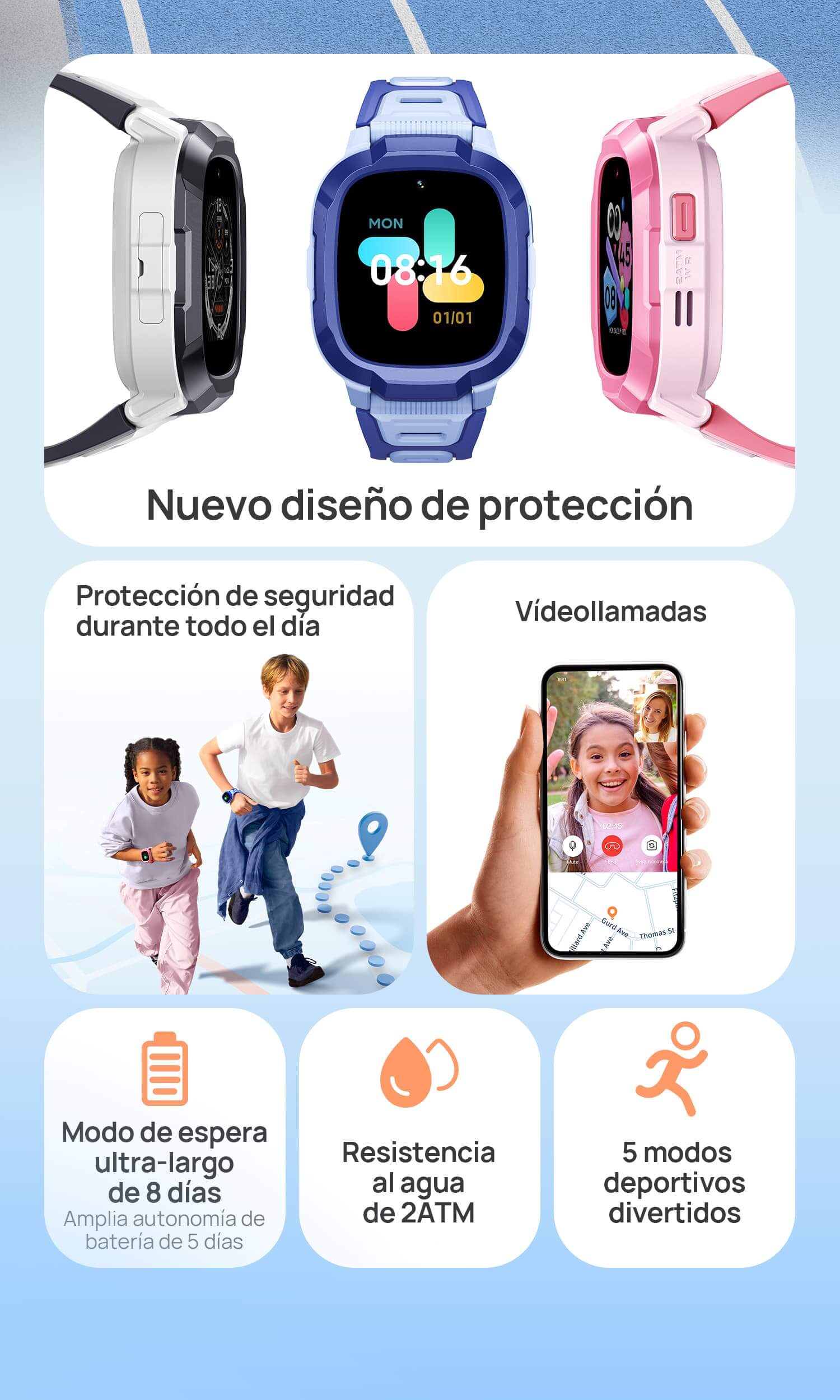 1. Protección de seguridad durante todo el día.
2. Historial de seguimiento de 90 días.
3. Modo de espera ultra-largo de 12 días.
4. Amplia autonomía de batería de 5 días.
5. Resistencia al agua de 2ATM.
6. Vídeollamadas.
7. Nuevo diseño de protección.
8. 5 modos deportivos divertidos.