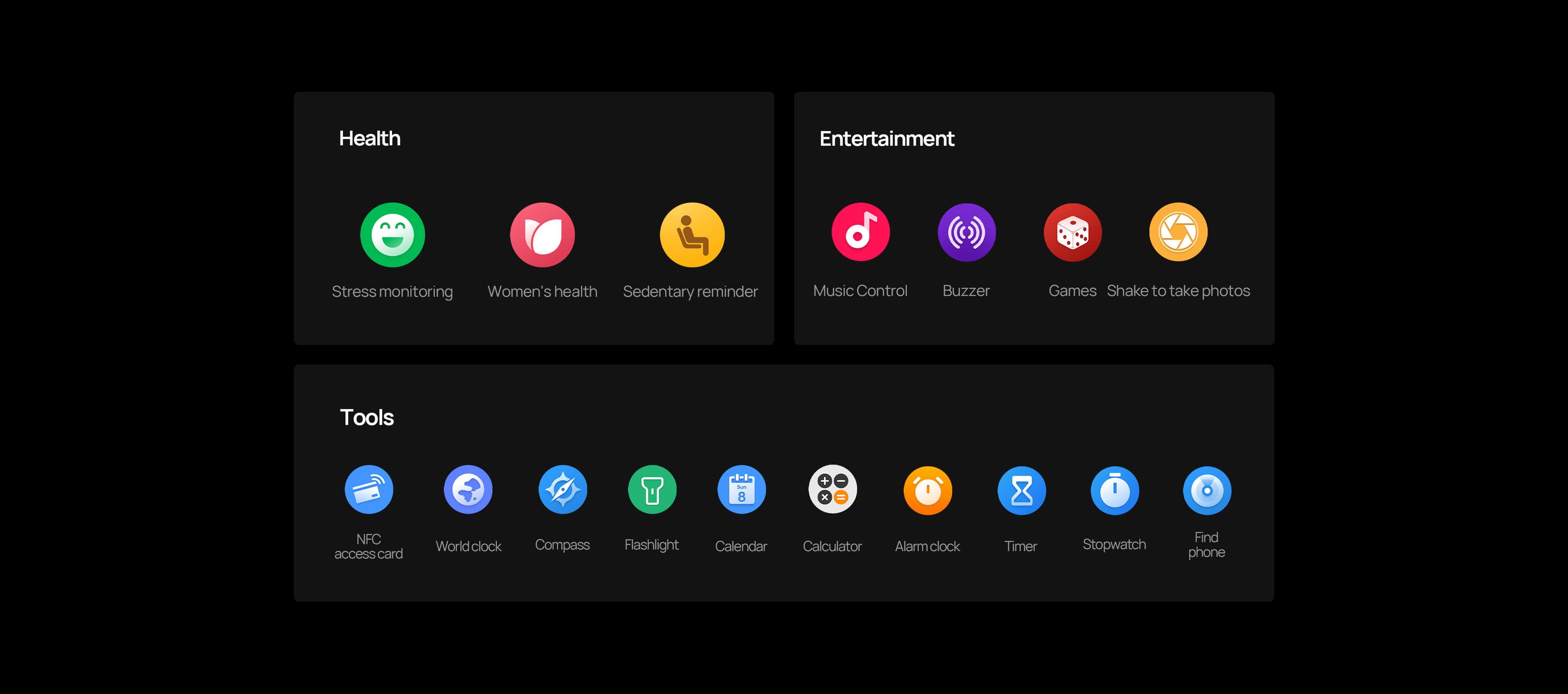 Other Functions
Health: Stress monitoring, women's health, sedentary reminder.
Entertainment: Music control, buzzer, games, shake to take photos.
Tools: NFC access card, world clock, compass, flashlight, calendar, alarm clock, timer, calculator, stopwatch, games, find phone.