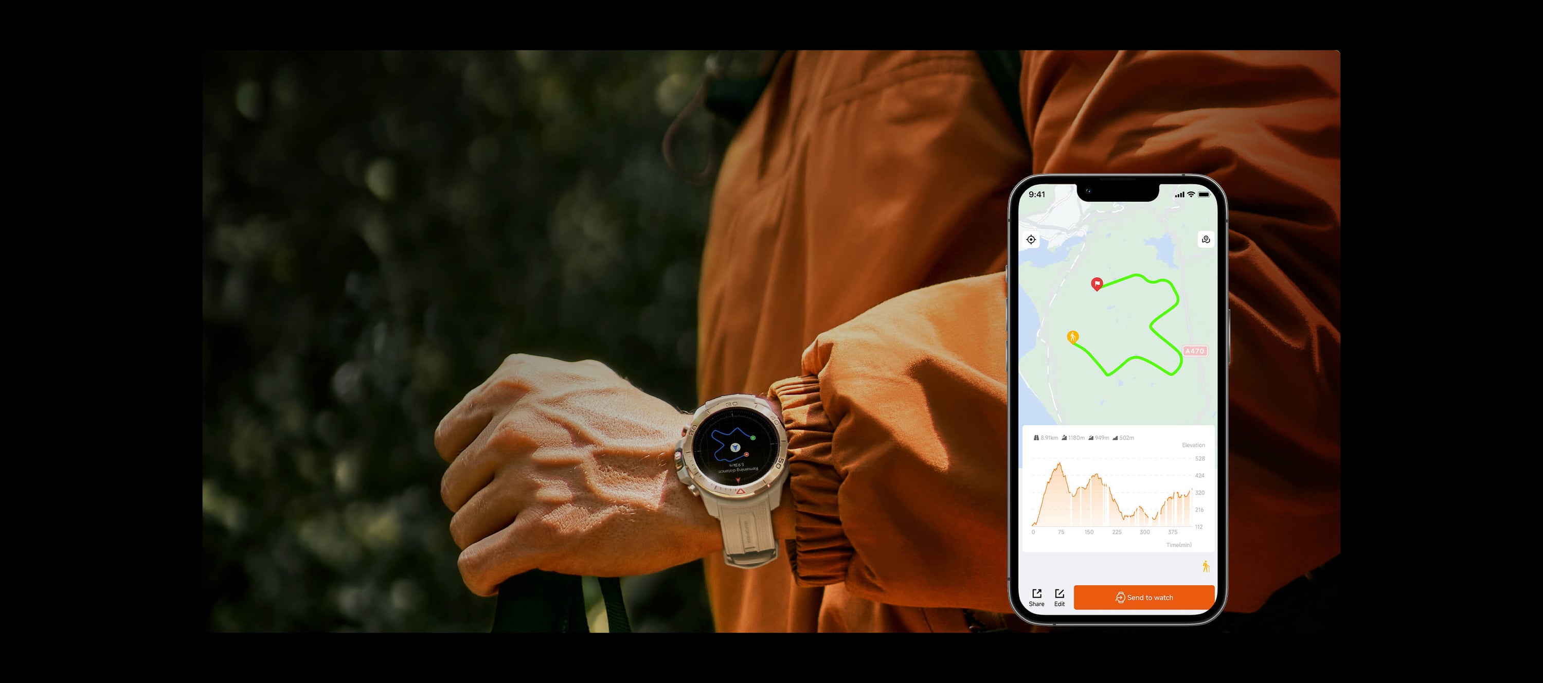 Roadbook Navigation Function
You can customize track routes to share with your friends, or import GPX, KML, and TCX files to the MibroFit App's route library through third-party Apps such as Strava, and push them to your Mibro watch to use the route navigation function.